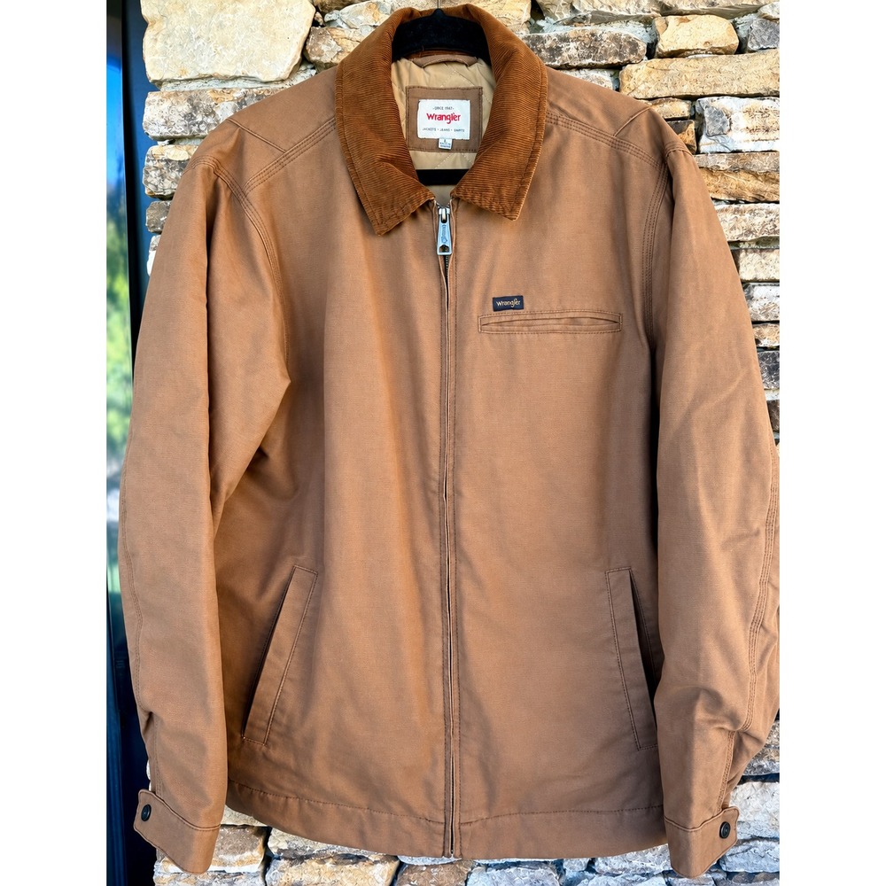 Wrangler Men's L Brown Canvas Work Jacket Corduroy Collar Quilted Lined